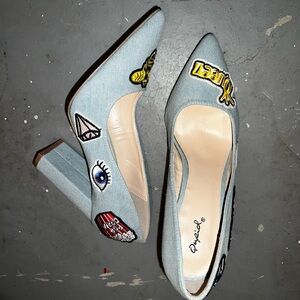 Qupid Denim Patchwork  Women's Heels - Blue Size 10